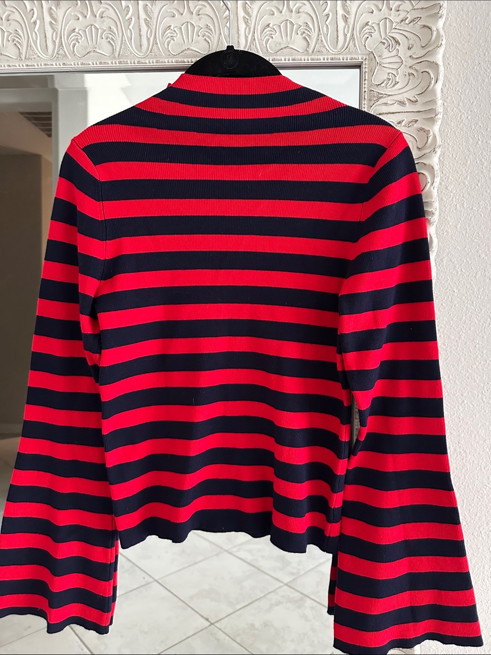 Anthropologie Maeve The Arlowe Red and Navy Striped Bell Sleeve Top